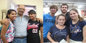 Verskeie leerders met breÃ« glimlagte nadat hul uitslae bekend is